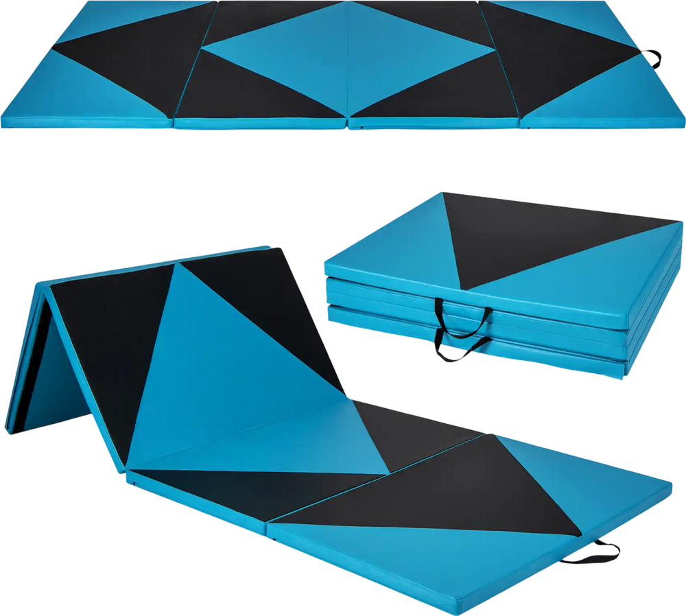 Four-panel black and turquoise folding exercise gym mat with handles, ideal for stretching and martial arts.