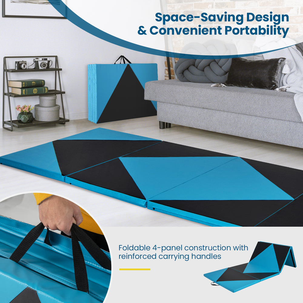 Foldable 4-panel gym mat in black and turquoise with carrying handles, ideal for exercise and easy storage.