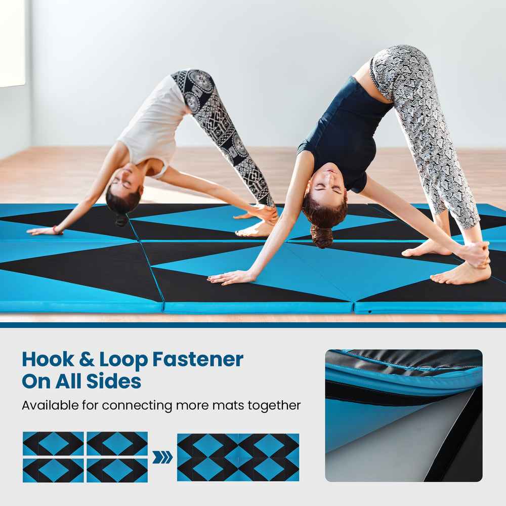 Folding exercise gym mat in black and turquoise with hook and loop fasteners, ideal for martial arts and gymnastics.