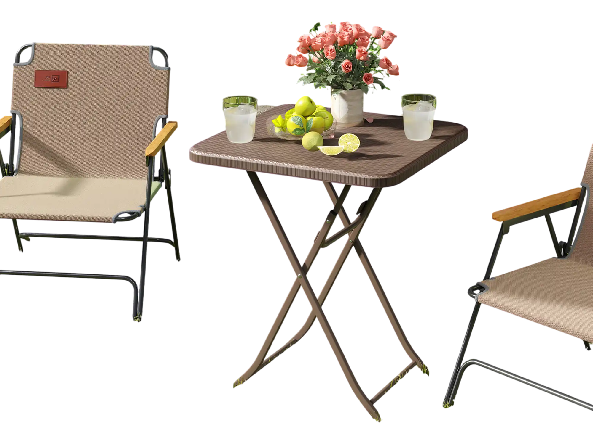 Costway Folding Picnic Dining Table Rattan Grain HDPE Metal Frame Coffee 816359427 New