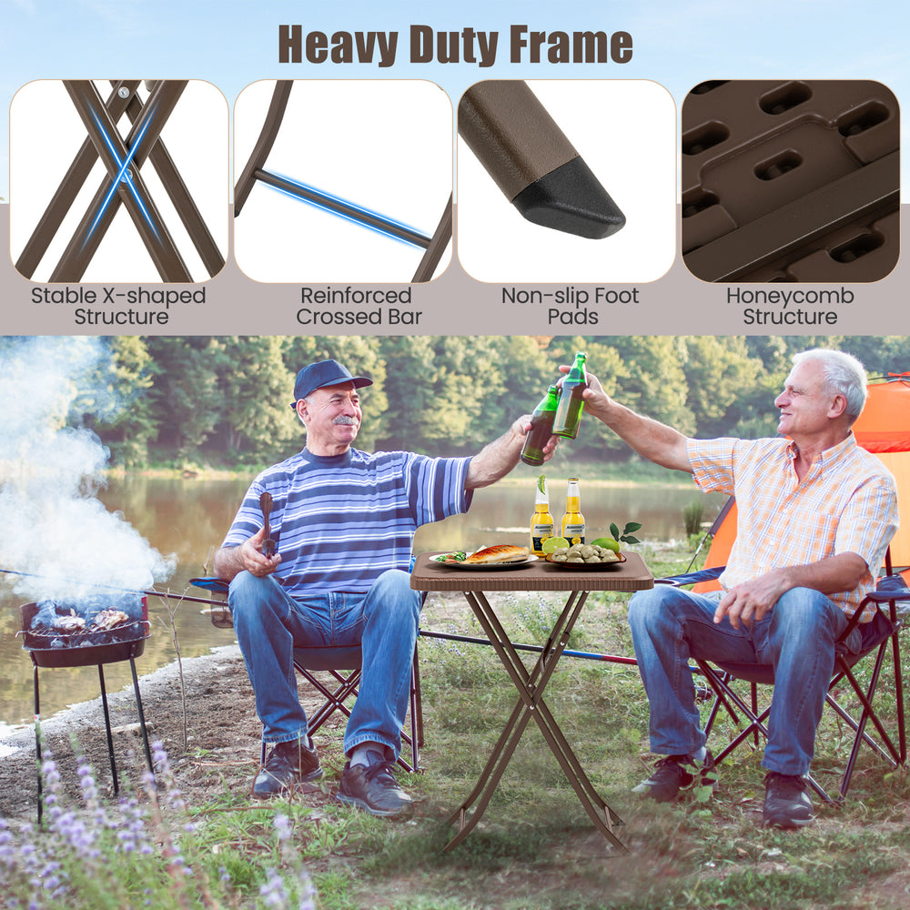 Folding picnic table with rattan grain HDPE tabletop, sturdy metal frame, perfect for outdoor gatherings and picnics.