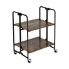 Folding rolling cart with metal frame, 2-tier design in rustic wood finish, ideal for kitchen or living room.
