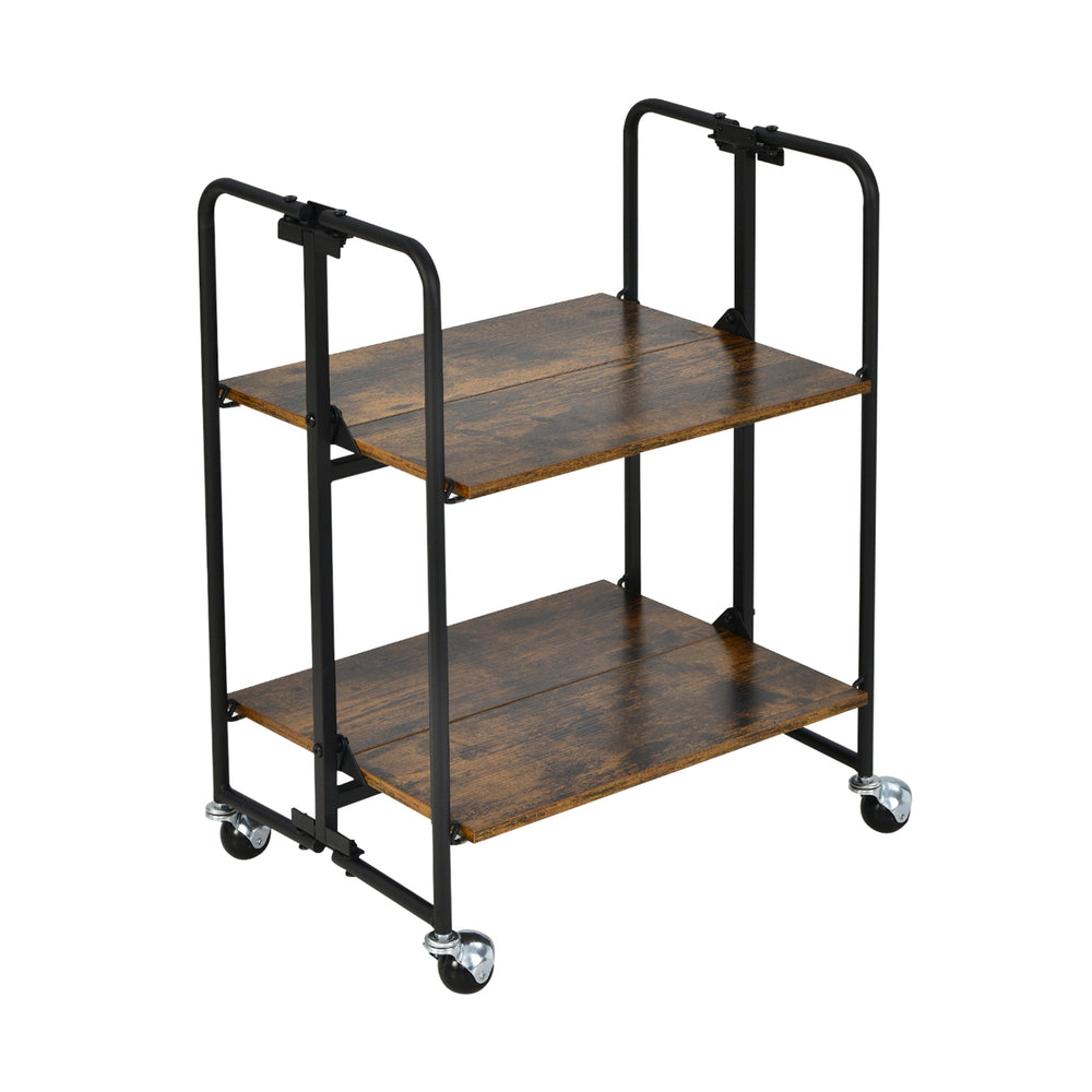 Folding rolling cart with metal frame, 2-tier design in rustic wood finish, ideal for kitchen or living room.