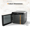 7 stainless steel trays food dryer with digital display, showing dimensions and open door for easy access and viewing.