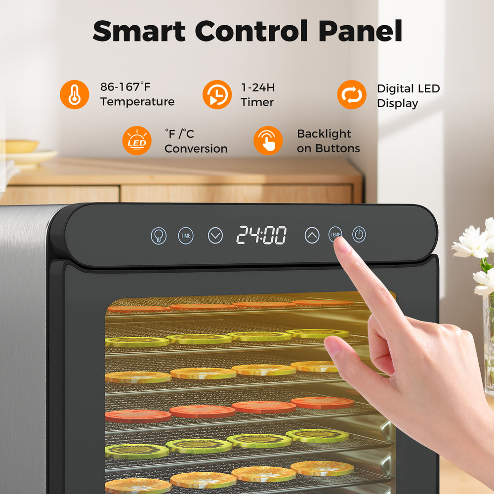 Smart control panel of the 7 stainless steel trays dryer with digital LED display and timer for precise temperature.