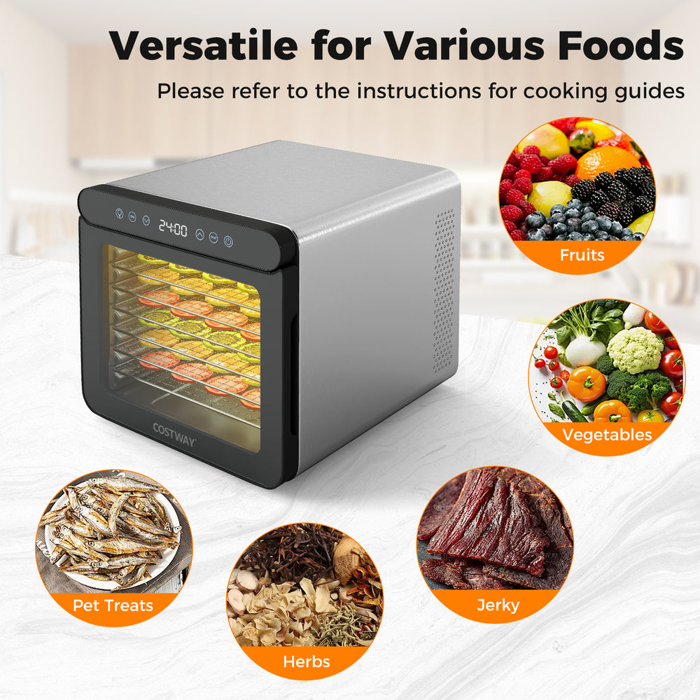 7 stainless steel trays food dryer with digital display, 1-24H timer, and 30-75℃ temperature for versatile drying.
