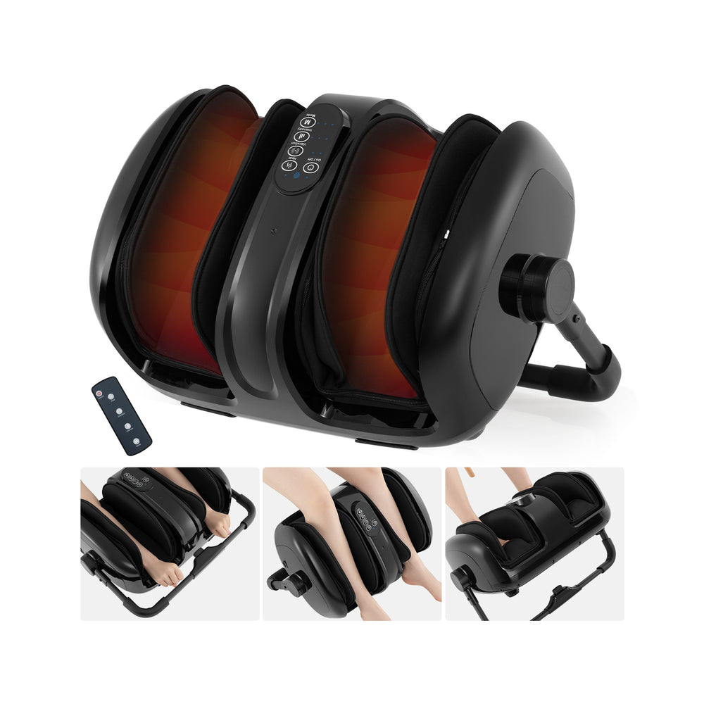 Foot and calf massager in black with heat, featuring a user-friendly control panel and rotary stand for easy use.