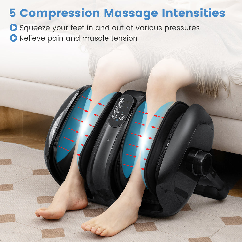 Foot and calf massager in black with 5 compression intensities, designed for relaxation and enhanced blood circulation.