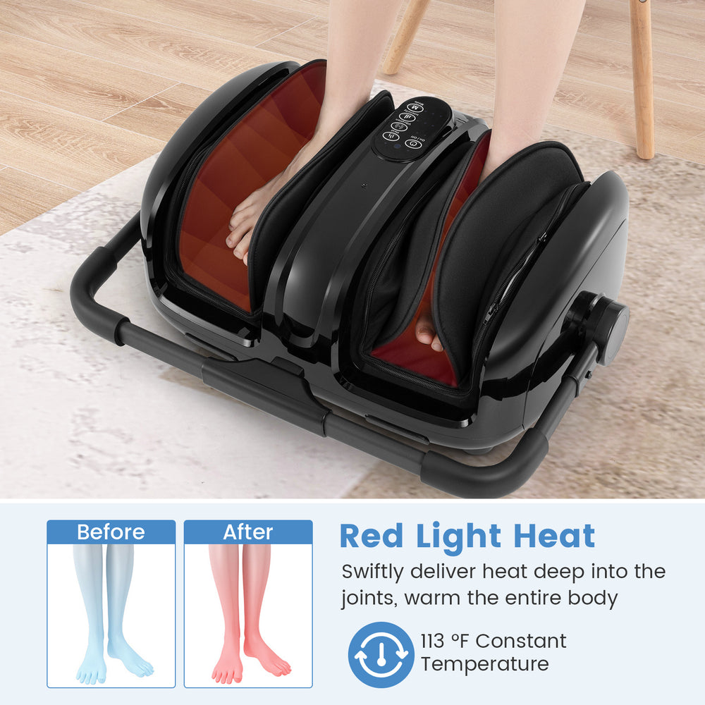 Foot and calf massager in black with heat, offering shiatsu and compression for blood circulation and pain relief.