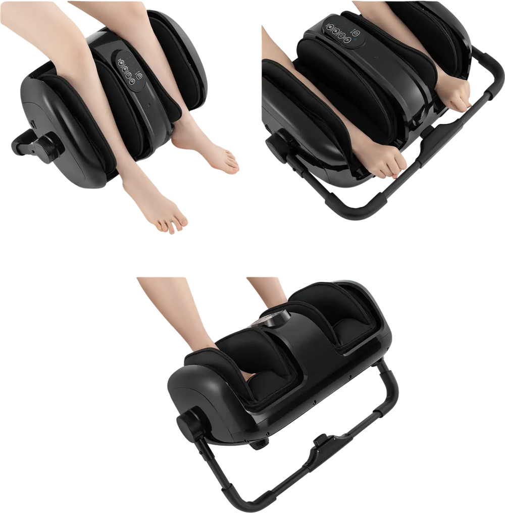 Foot and calf massager in black, featuring heat and compression for relaxation and improved blood circulation.
