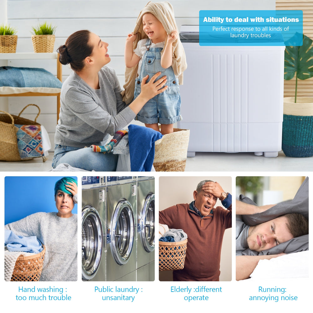 Twin tub portable washing machine in gray with timer control, ideal for apartments, saving time and water.