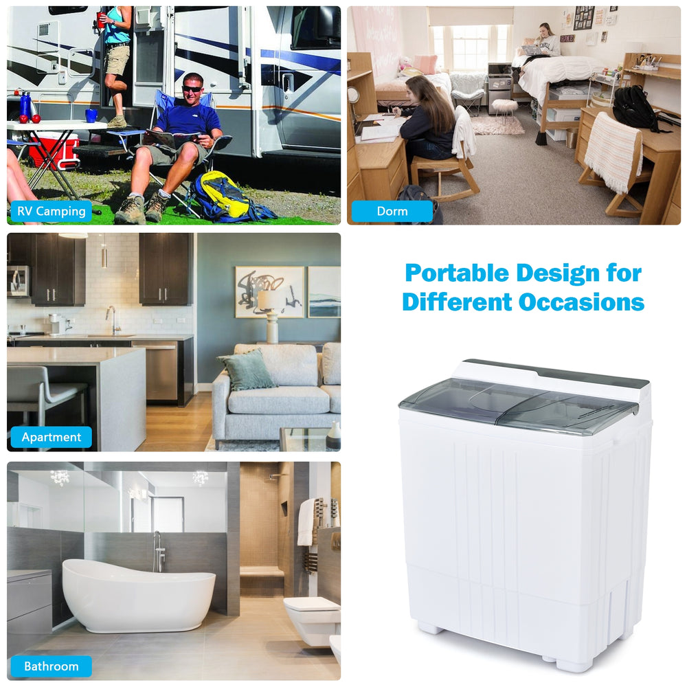 Twin tub portable washing machine in gray with independent timers, ideal for apartments, dorms, and RVs.