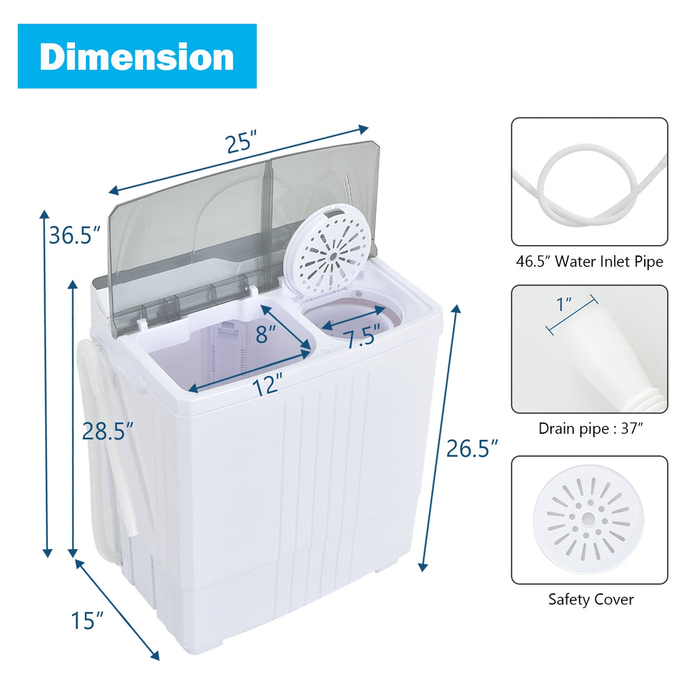 Twin tub portable washing machine with timer control, gray, featuring separate wash and dry tubs for efficient laundry.