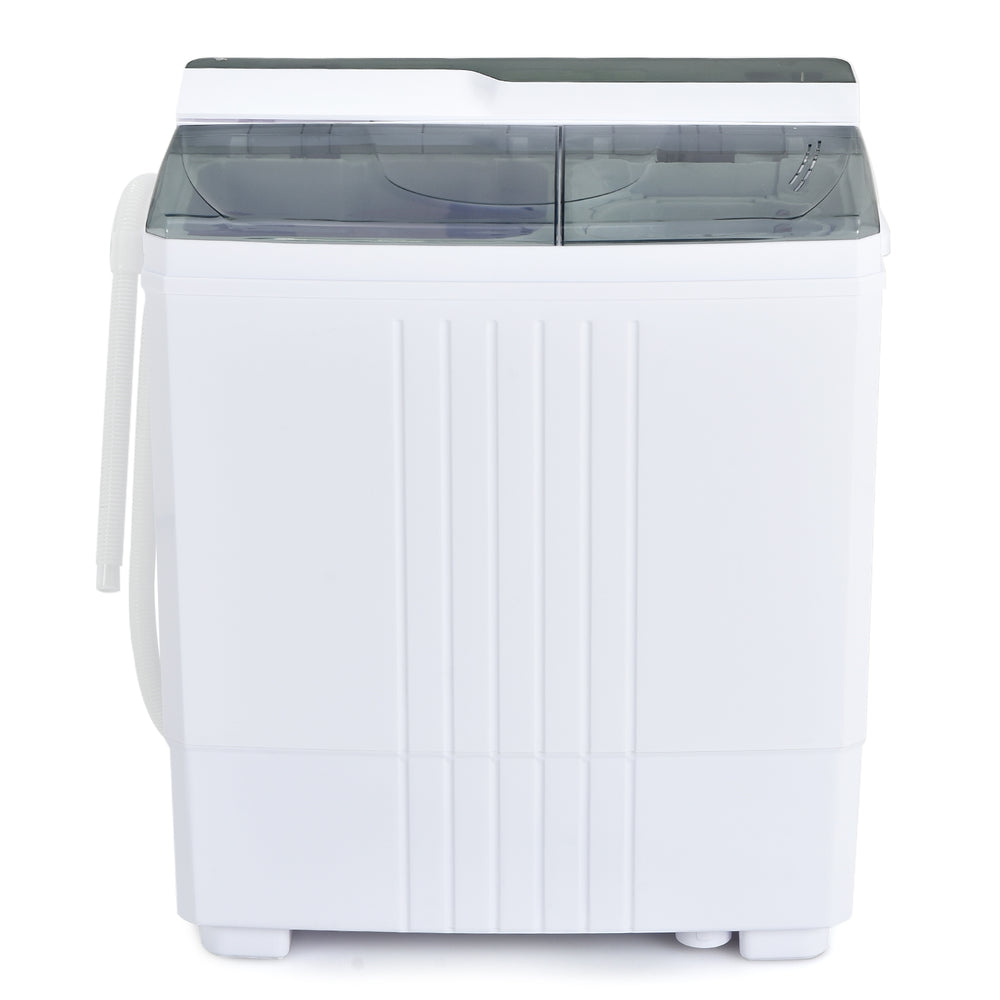 Twin tub portable washing machine in white with timer control and drain pump, ideal for apartments and RVs.