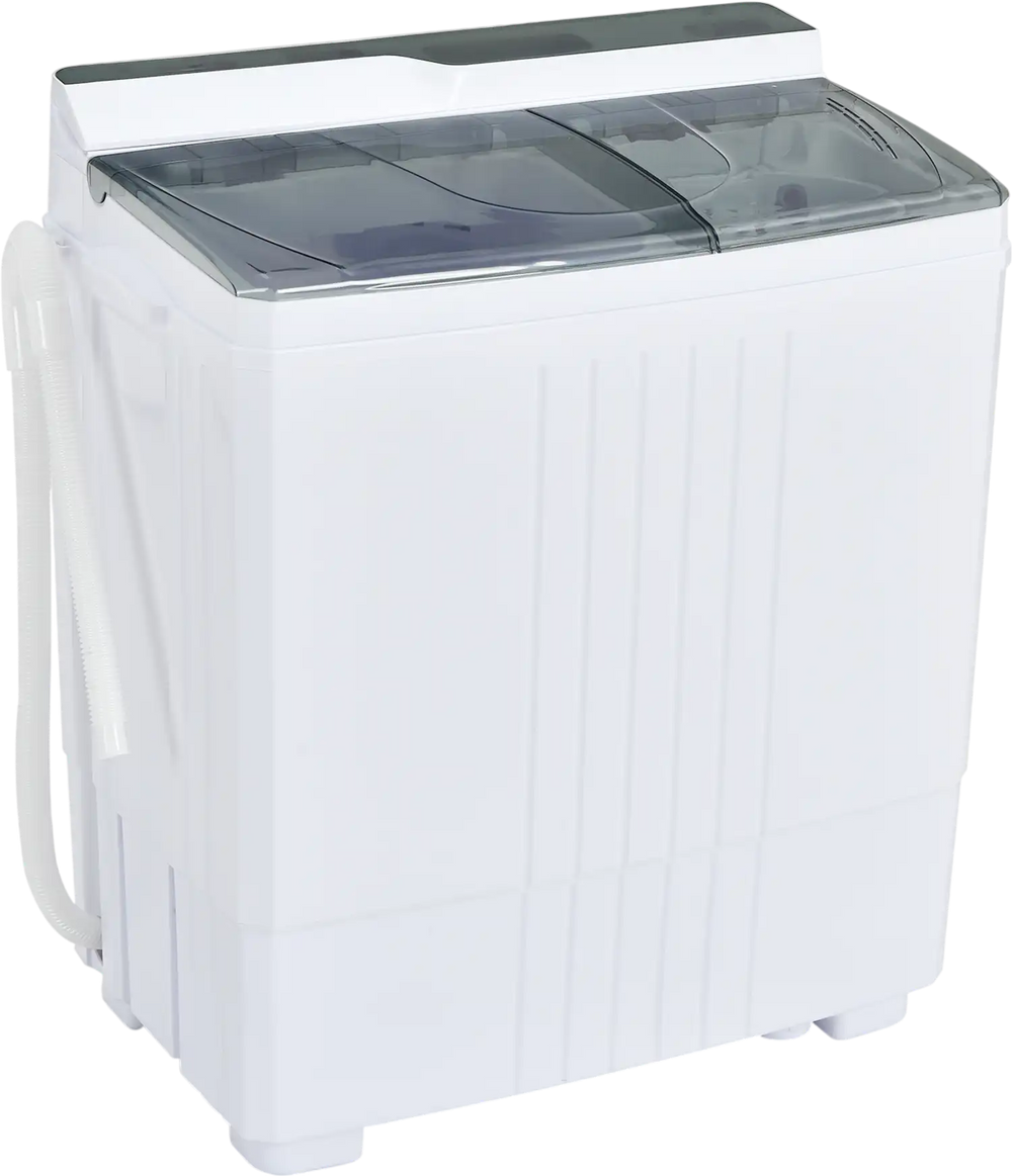 Twin tub portable washing machine in gray with timer control and drain pump, ideal for apartments and RVs.