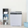Twin tub portable washing machine in gray with timer control and drain pump, ideal for apartments and small spaces.