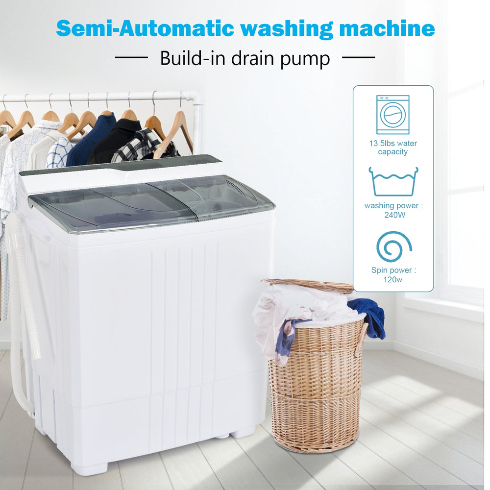 Twin tub portable washing machine in gray with built-in drain pump, ideal for apartments and efficient laundry needs.