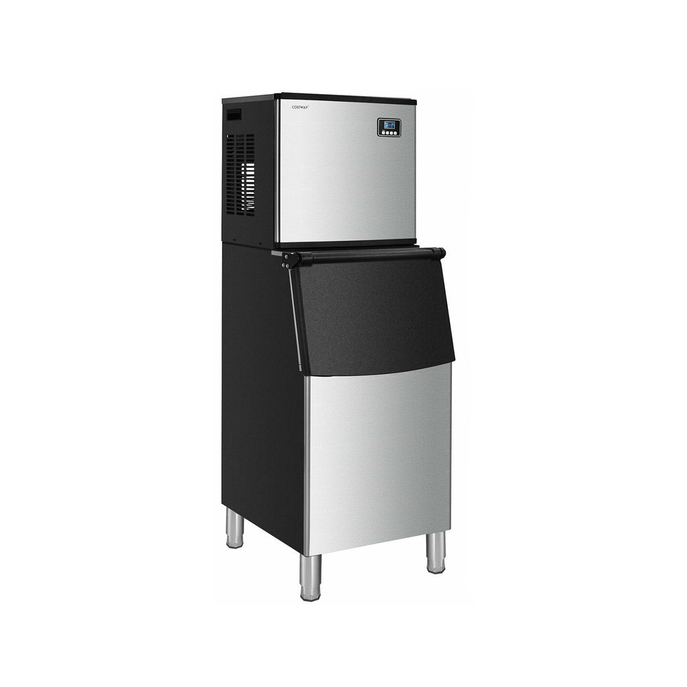 Split commercial ice maker producing 353 lbs of ice daily with 198 lbs storage bin, featuring a smart LCD control panel.