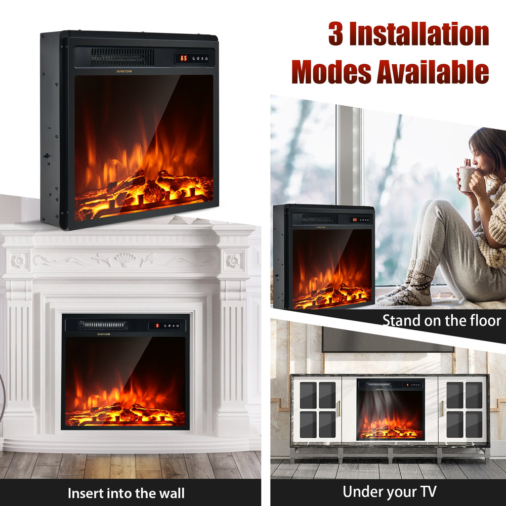 Freestanding and recessed 18-inch electric fireplace with remote control, adjustable temperature, and five flame colors.