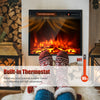 Freestanding electric fireplace with a built-in thermostat, offering 750W/1500W heat settings for up to 400 sq ft.