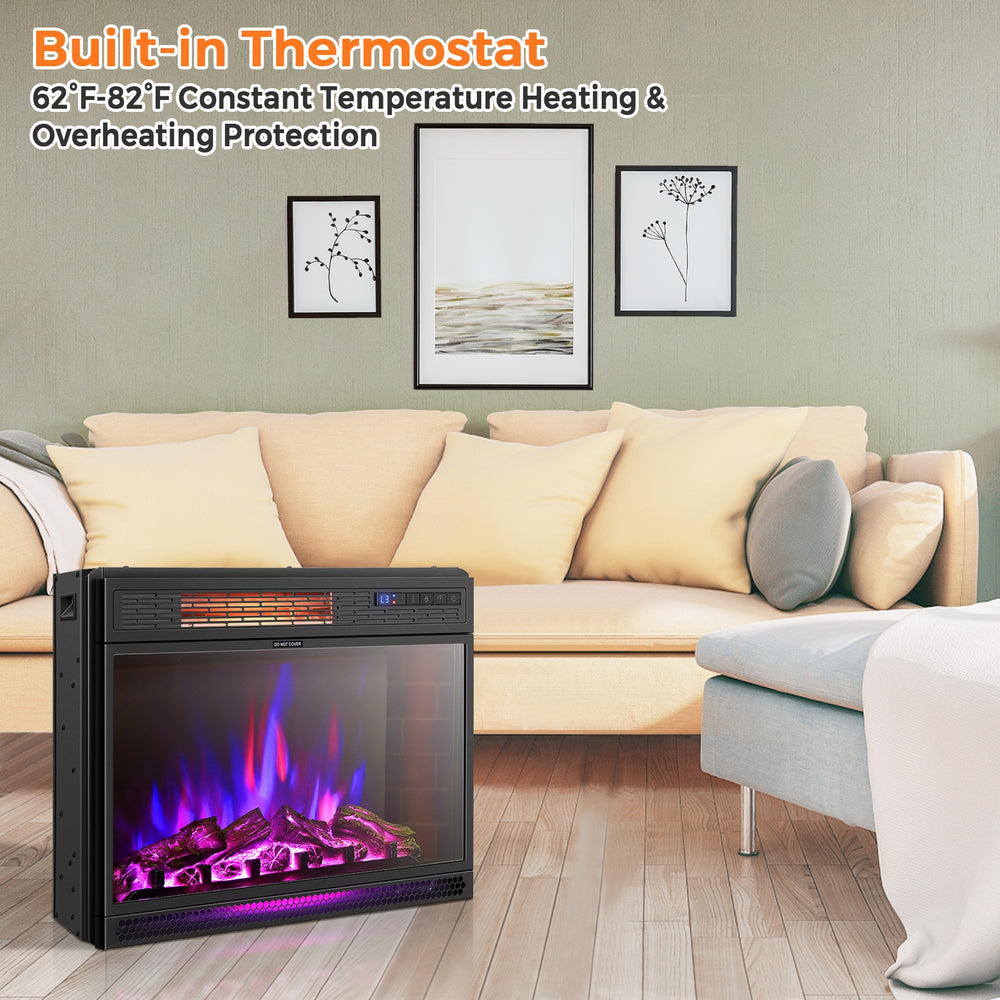 25 inches recessed electric heater displaying vibrant flame colors and touch screen controls for modern heating.