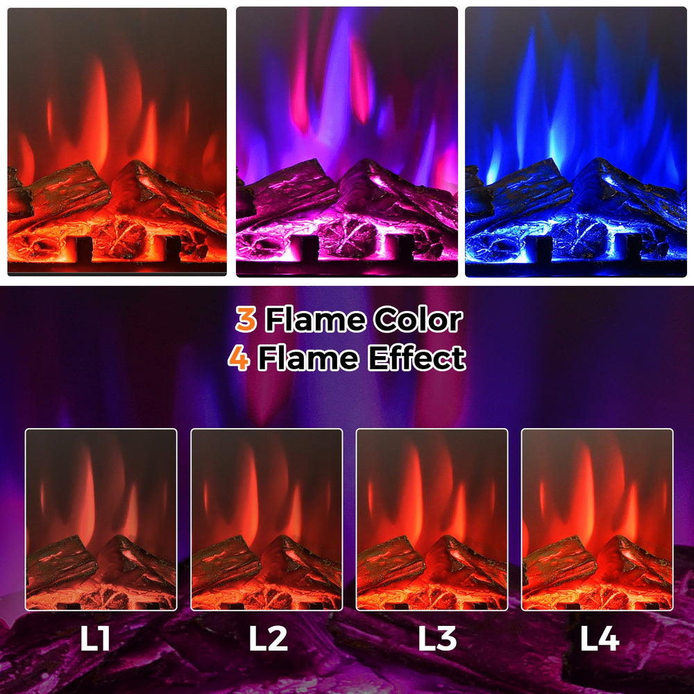 Recessed electric heater showcasing realistic flame effects with 3 colors and 4 brightness settings for cozy warmth.