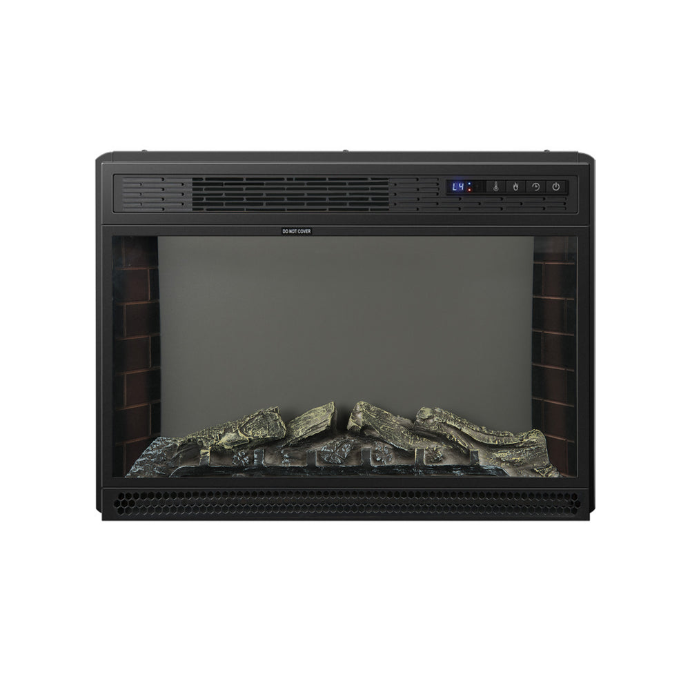 Recessed electric heater with realistic flame effect, 900W/1350W settings, and remote control for easy operation.