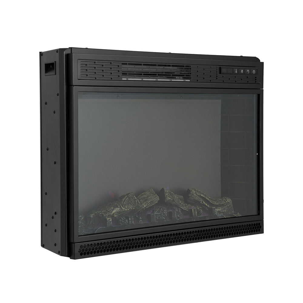 28-inch electric fireplace with remote, featuring a tempered glass panel, realistic flame effects, and adjustable heat.