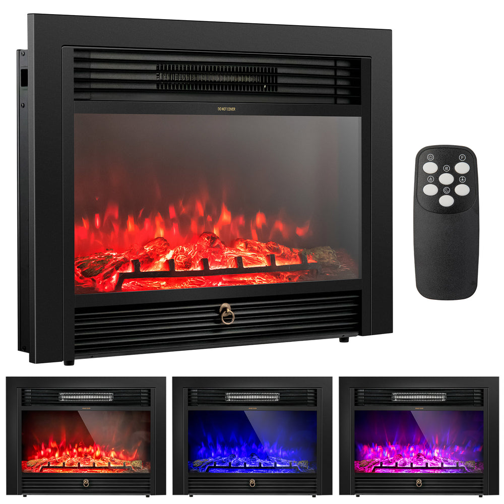 Recessed 28.5-inch electric fireplace with 3 flame colors, remote control, and adjustable heating modes for cozy.