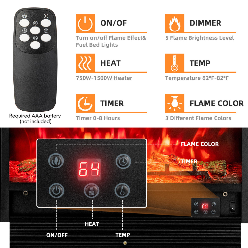 28.5-inch recessed electric fireplace with remote, featuring 3 flame colors and adjustable brightness for cozy ambiance.