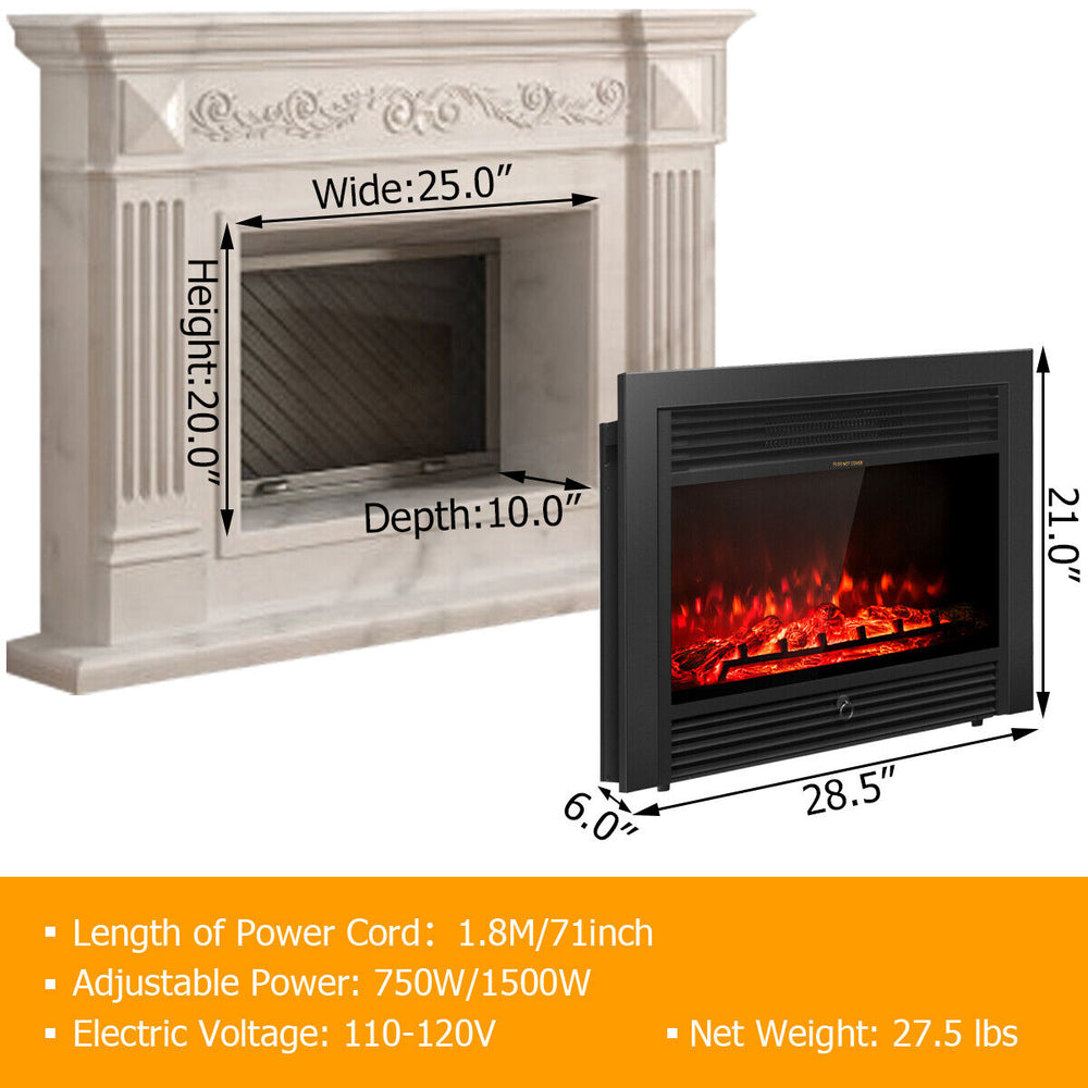 28.5-inch recessed electric fireplace with adjustable flames, realistic logs, and remote control for living room or.