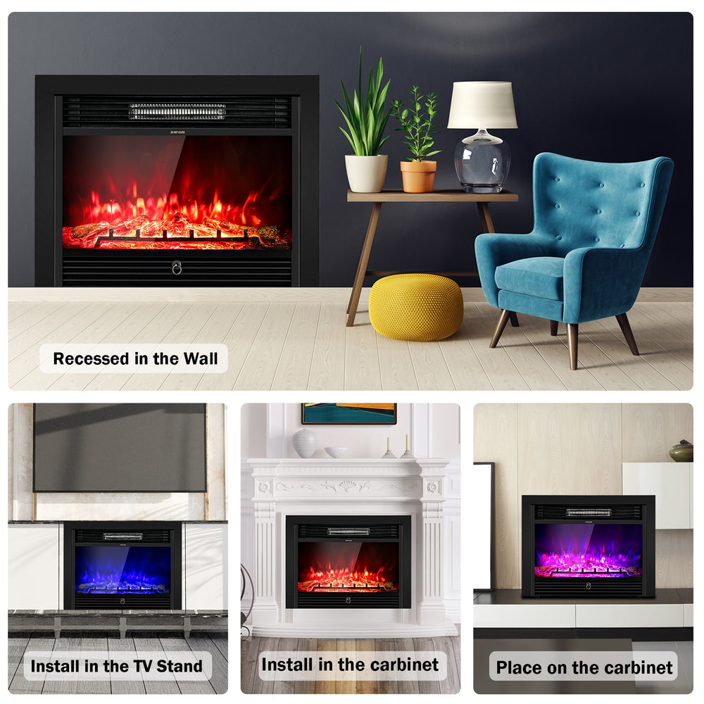 28.5-inch recessed electric fireplace with three flame colors, showcasing realistic flames and versatile installation.