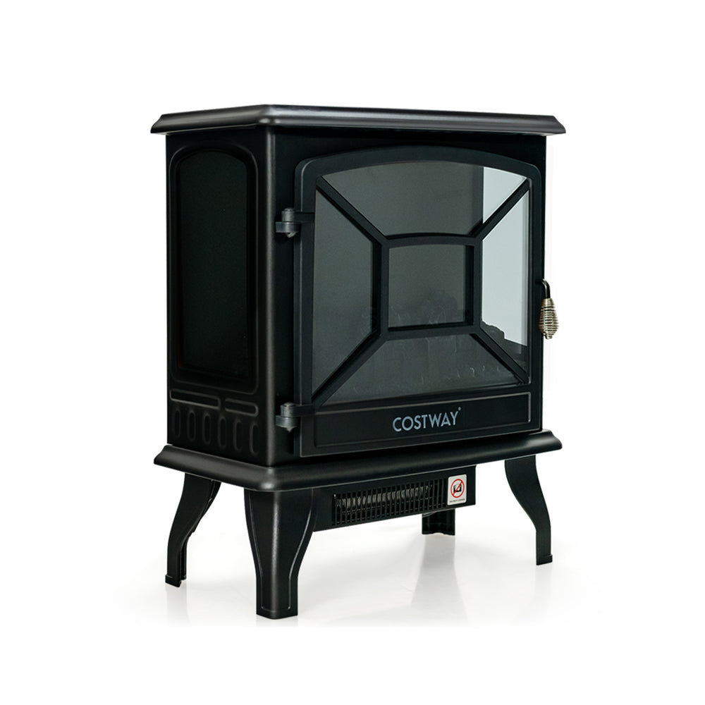 Black 1400W electric stove heater with 3-sided view and vivid flame effect, ideal for cozy living spaces.