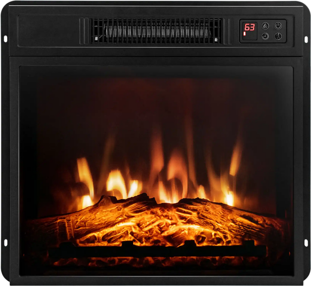 18-inch electric fireplace insert with adjustable LED flame effects, remote control, and temperature settings for cozy.