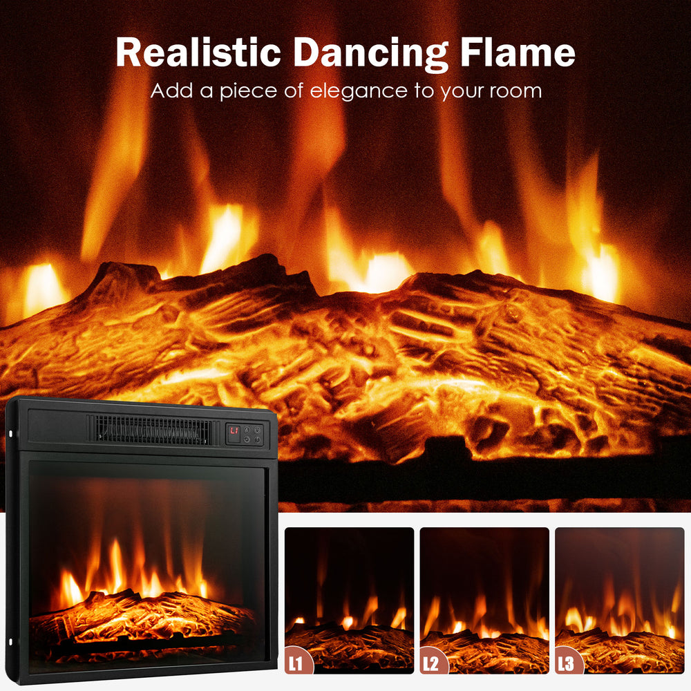 18-inch electric fireplace insert with adjustable LED flame effects, perfect for all-season warmth and elegance.