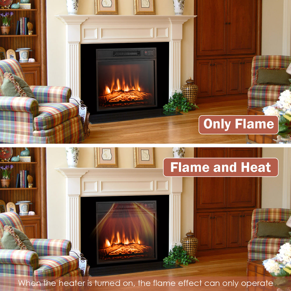 18-inch electric fireplace insert with adjustable LED flame effects, showcasing both flame-only and heat settings.