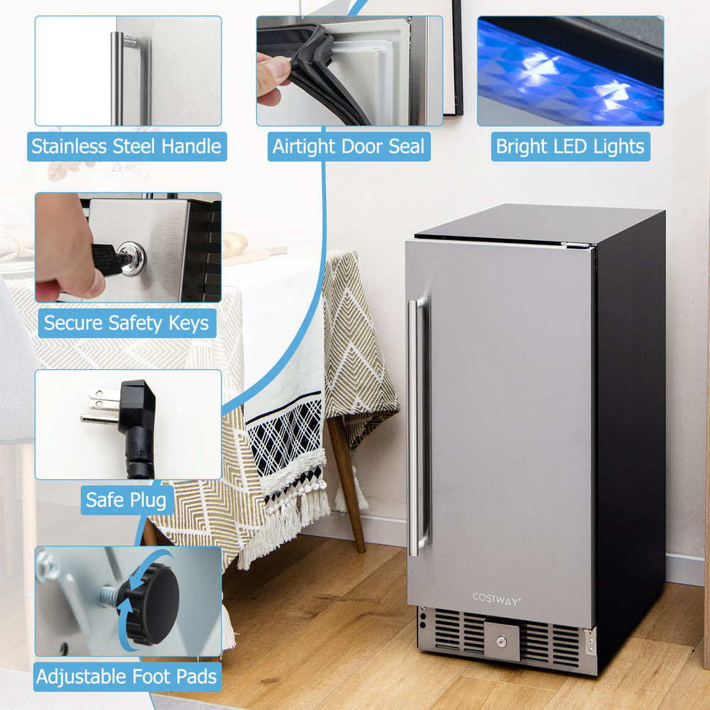 Compact refrigerator with stainless steel door, adjustable thermostat, and LED lights, perfect for efficient cooling.
