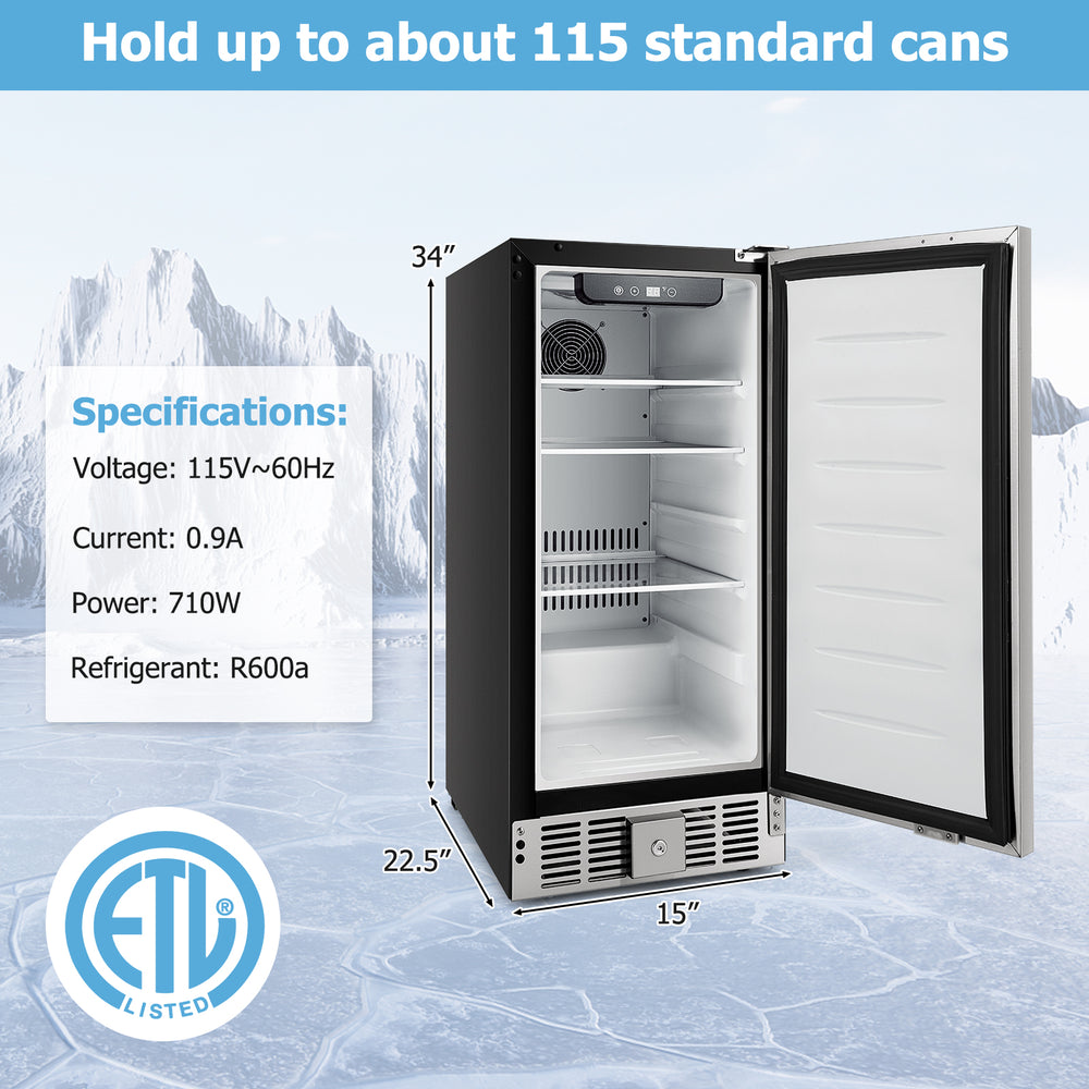 Compact refrigerator with stainless steel door, adjustable shelves, and LED display, ideal for food storage in various.