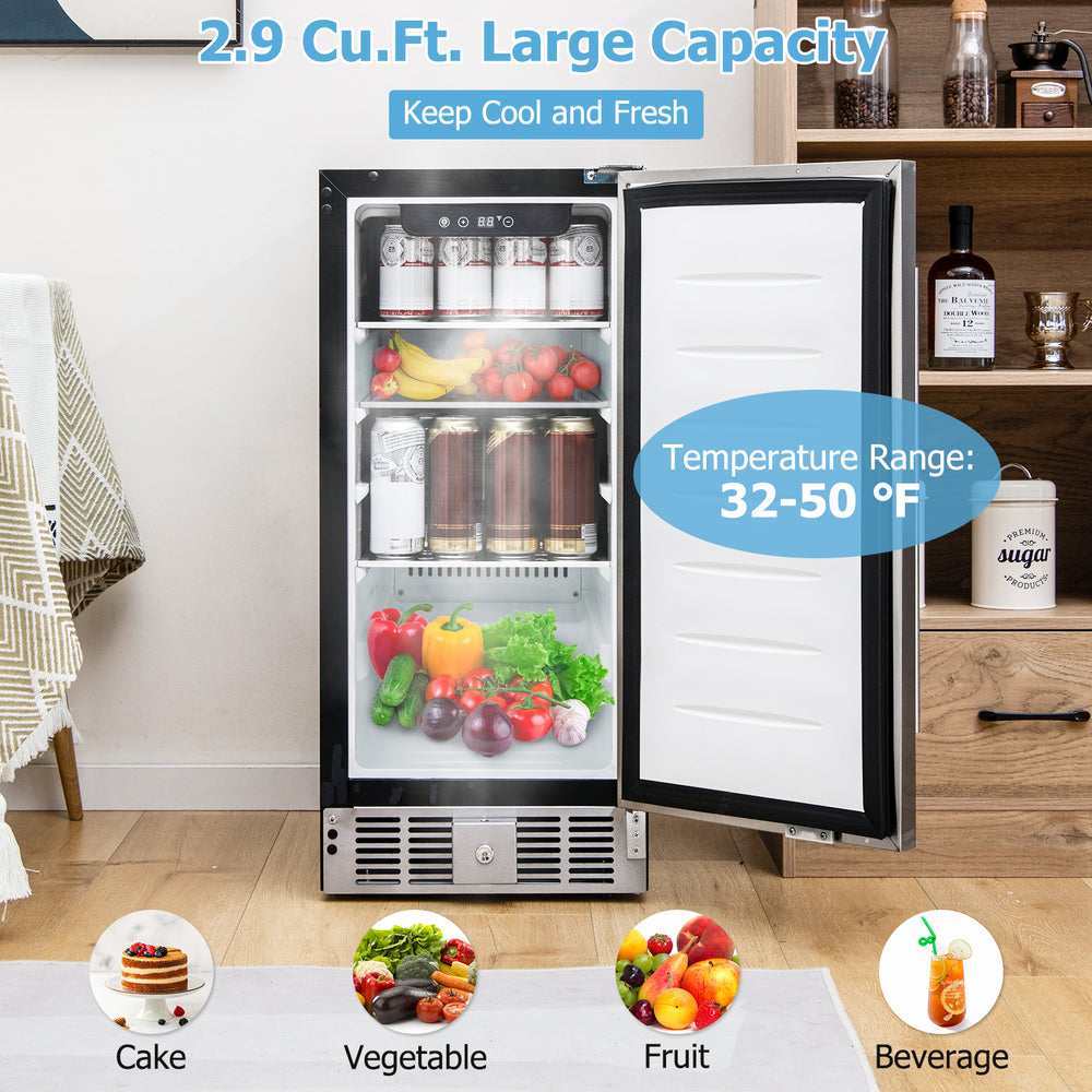 Compact refrigerator with stainless steel door, 2.9 Cu.Ft. capacity, adjustable shelves, and LED display for versatile.
