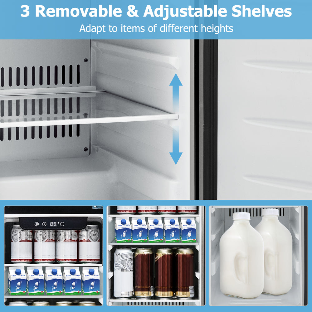 Adjustable shelves in the Compact Refrigerator for versatile storage of various food items and beverages.