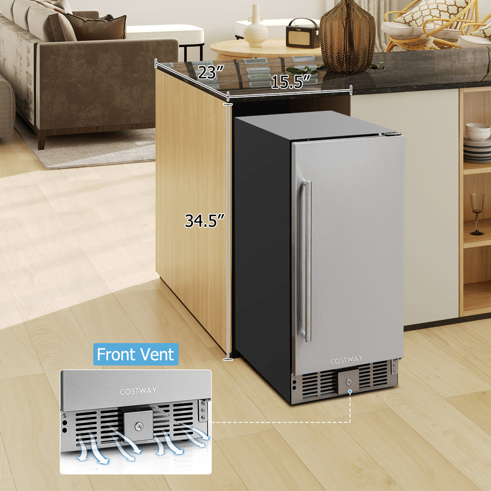 Compact refrigerator with stainless steel door, adjustable thermostat, and front venting design for efficient cooling.