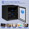 Mini beverage refrigerator with glass door, 60-can capacity, adjustable shelves, ideal for small kitchens and offices.