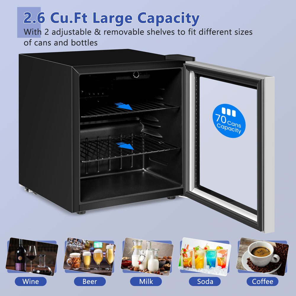 Mini beverage refrigerator with glass door, 60-can capacity, adjustable shelves, ideal for small kitchens and offices.