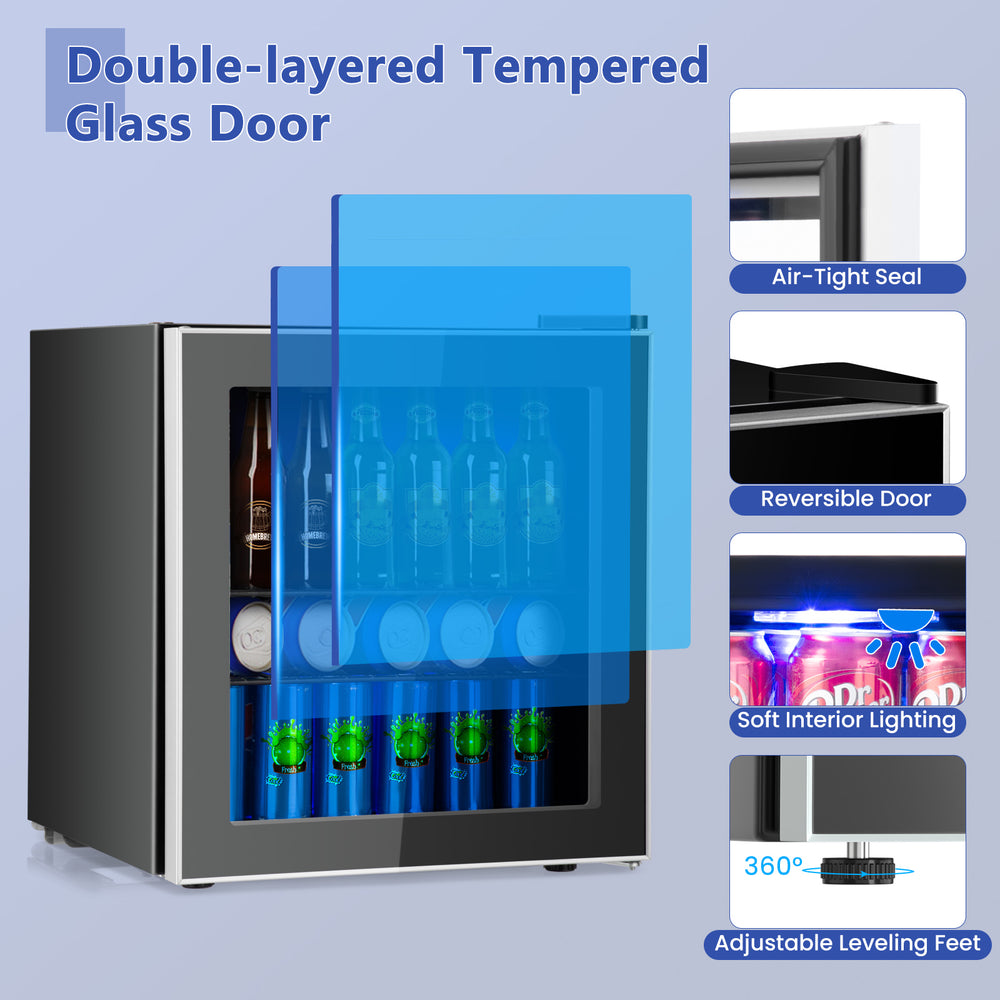 60-can beverage mini refrigerator with double-paned glass door, adjustable feet, and interior LED lighting for easy.
