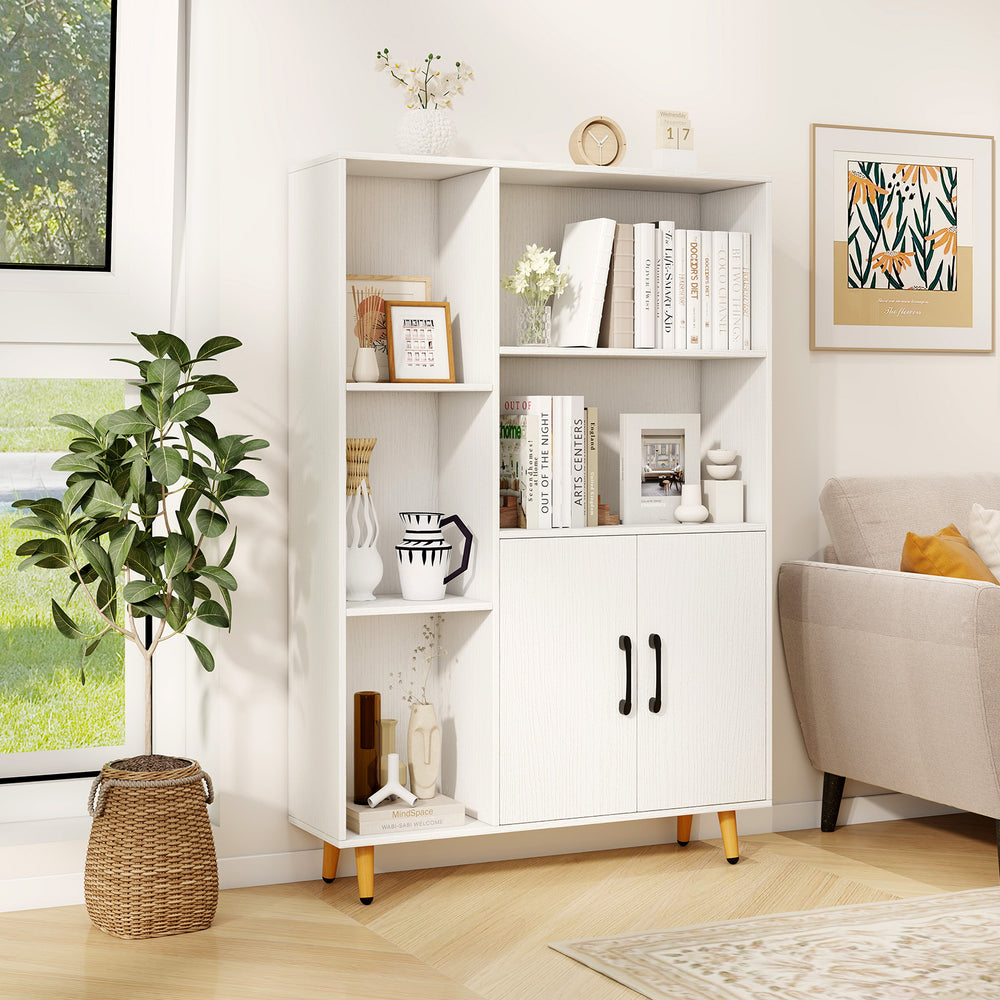 Free standing pantry cabinet with 5 shelves and 2-door cabinet, ideal for living room or office storage solutions.