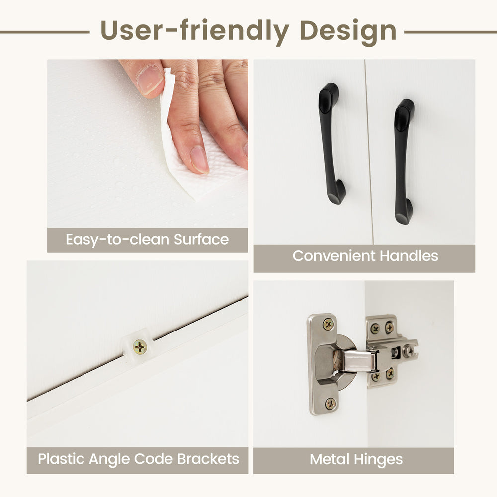 User-friendly design features of the Free Standing Pantry Cabinet, including easy-to-clean surface and convenient.