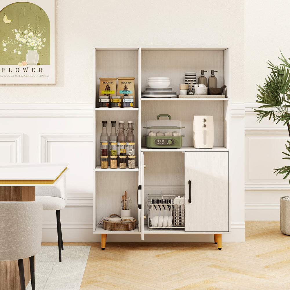 Free standing pantry cabinet with 5 shelves and 2-door storage, ideal for kitchen or living room organization.