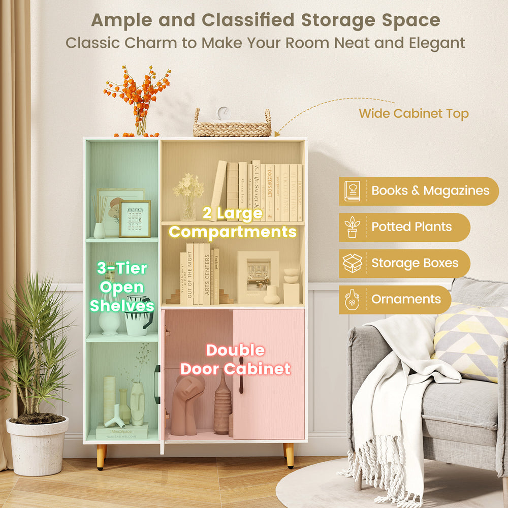 Free standing pantry cabinet with 5 shelves and double door, ideal for books and potted plants in modern home decor.