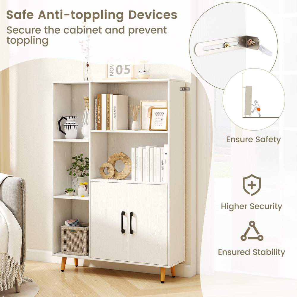Free standing pantry cabinet with 2 doors and 5 shelves, featuring sturdy metal legs and anti-toppling devices for.