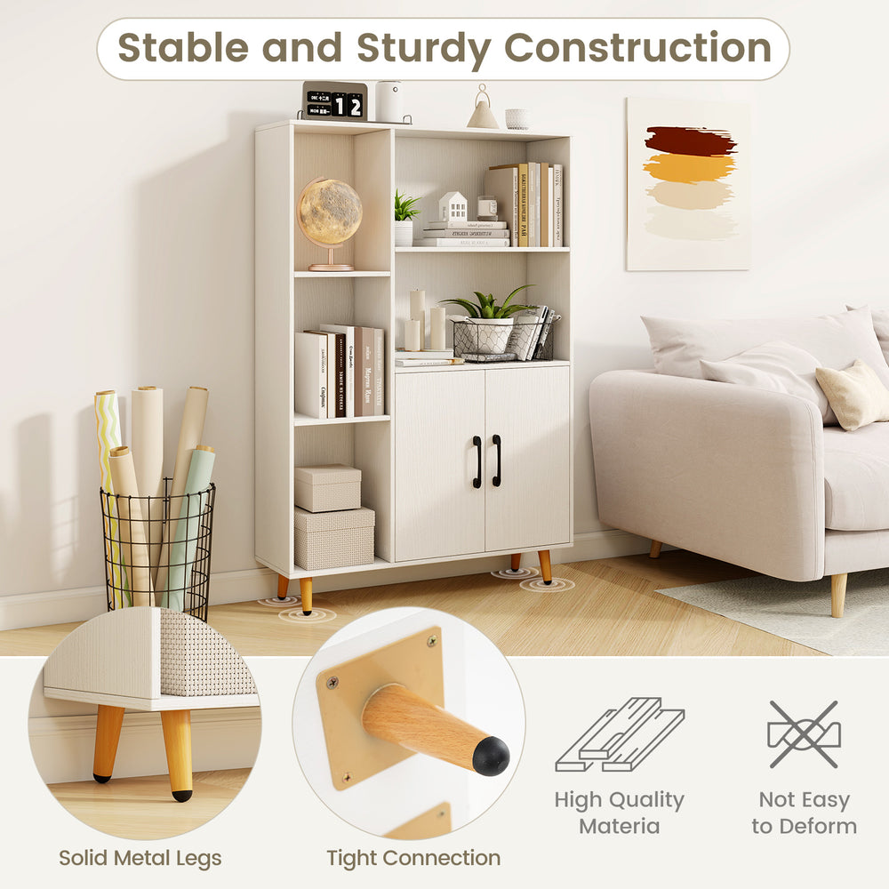 Free standing pantry cabinet with 5 shelves and 2 doors, featuring sturdy metal legs and modern design for versatile.